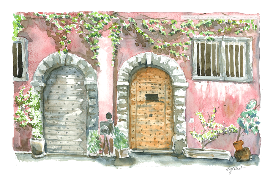 Lyon, doors, Annecy, watercolor, sketching, old town, France, French, building, street, stone, city, historic, Emilie Geant